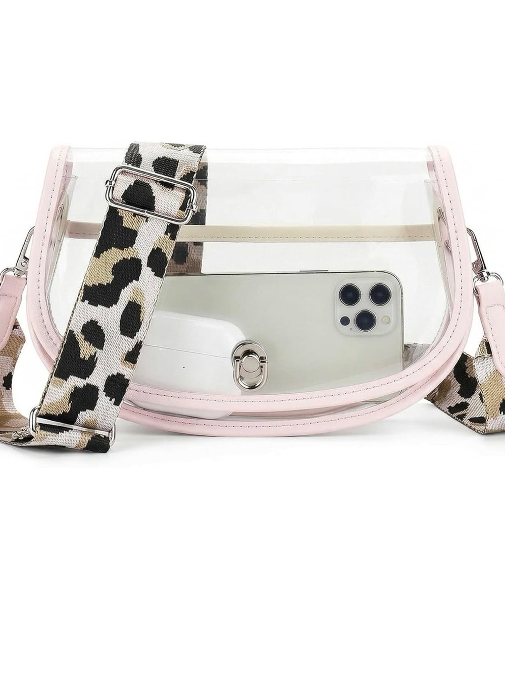Clear Crossbody stadium concert Bag with Pink Trim and Leopard Strap
